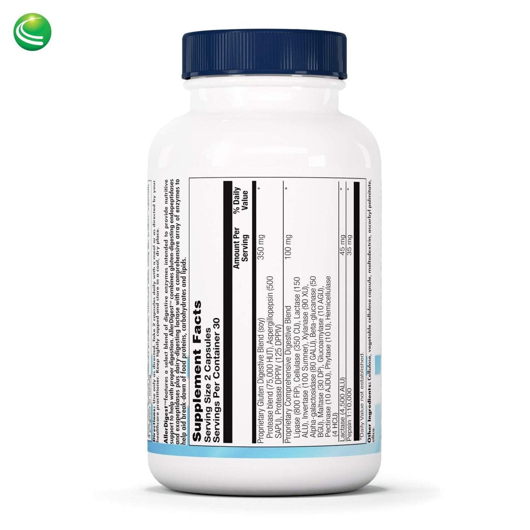 Nutra BioGenesis - AllerDigest - Targeted Digestive Enzyme Support with DPP-IV, Lactase &amp; Pepsin - Gluten Free - 60 Capsules - Supplement Facts panel
