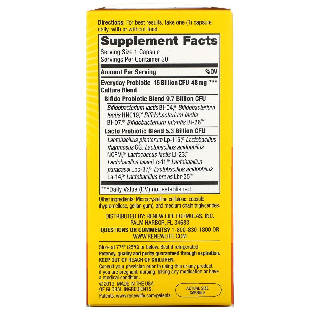 RENEW LIFE Ultimate Flora Everyday Probiotic 15 Billion, 30 CT - Supplement Facts panel