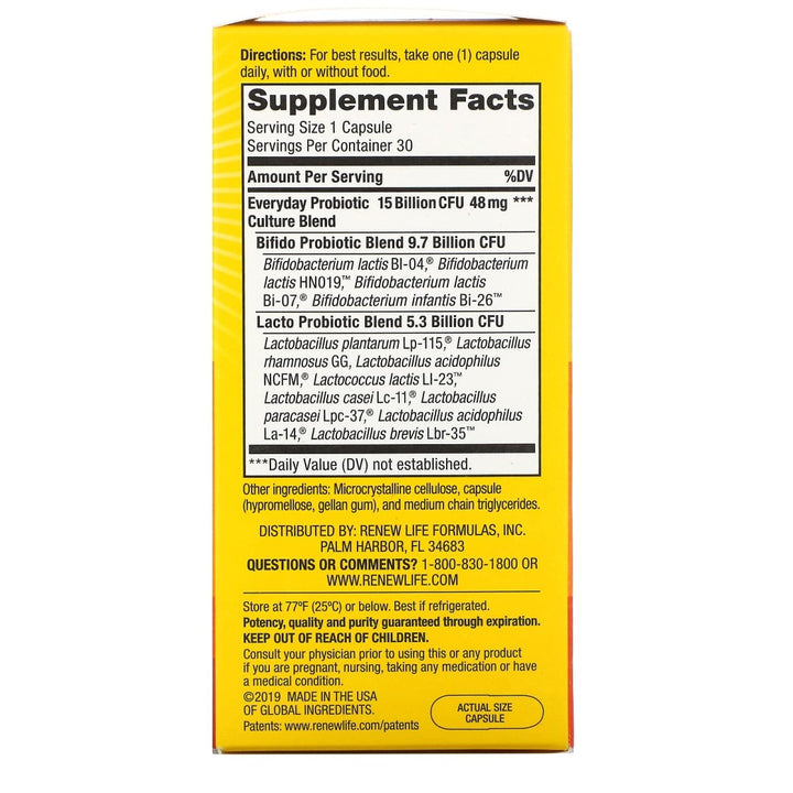 RENEW LIFE Ultimate Flora Everyday Probiotic 15 Billion, 30 CT - Supplement Facts panel