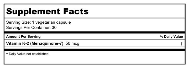 Solaray K2 MK7 - Advanced Vitamin K2 Support - 50mcg, 30 Veg Capsules - Supplement Facts panel