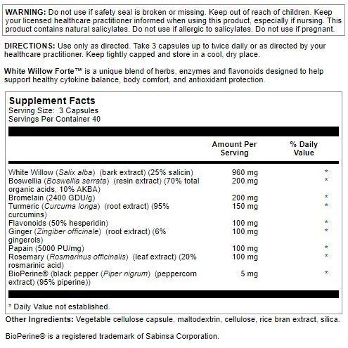 Nutra BioGenesis - White Willow Forte - 120 Capsules  01232 - Supplement Facts panel