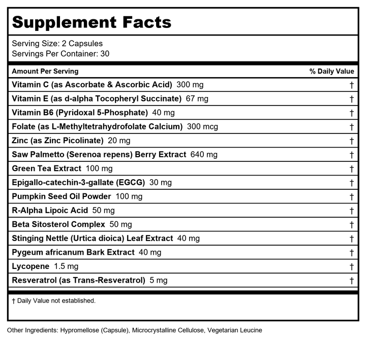 DAVINCI Labs Prostate Health - Optimal Support for a Healthy Prostate and Hormone Balance* - 60 Vegetarian Capsules - Supplement Facts panel