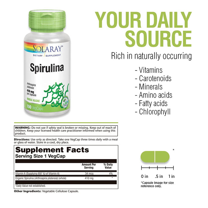 SOLARAY Spirulina 410mg | Algae Superfood Supports Energy, Vitality &amp; Overall Health | 100ct, 100 Serv. - Supplement Facts panel