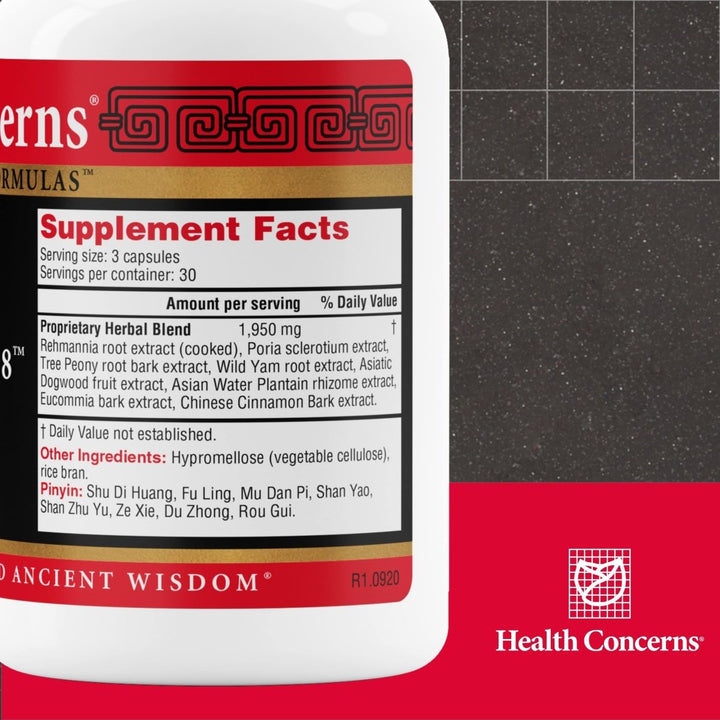 Health Concerns Rehmannia 8 - Back Discomfort &amp; Urinary Tract Health for Women &amp; Men - 90 Capsules - Supplement Facts panel