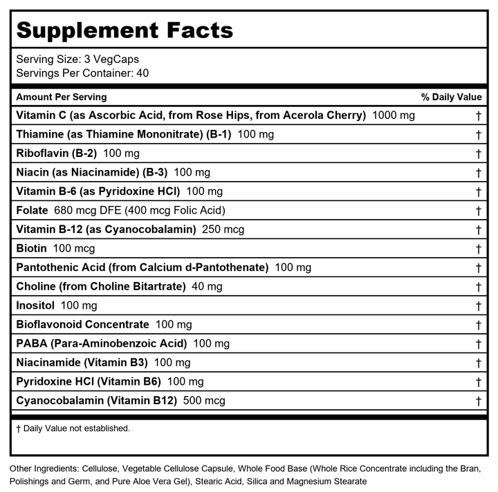 SOLARAY Mega Vitamin B-Stress, 120 VegCaps  04241 - Supplement Facts panel
