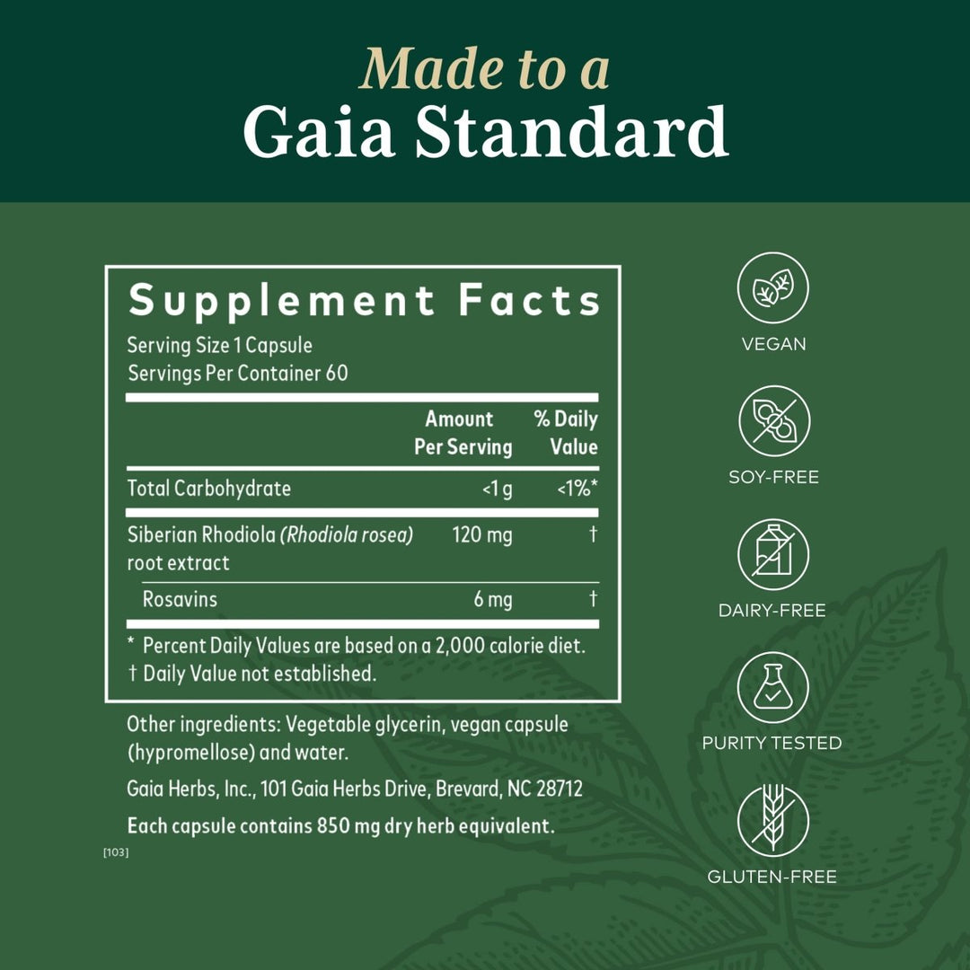 Gaia PRO Rhodiola - Your Key to Adaptogen Stress Support &amp; Relief 60 Capsules - Supplement Facts panel