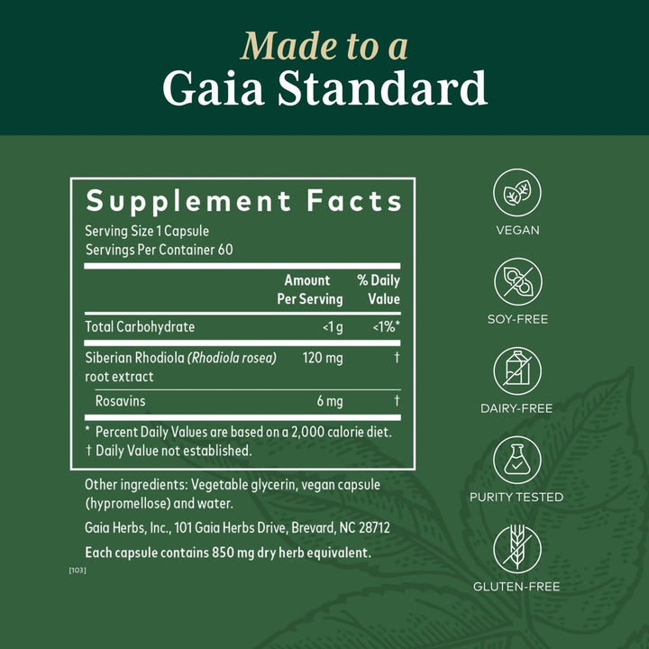 Gaia PRO Rhodiola - Your Key to Adaptogen Stress Support &amp; Relief 60 Capsules - Supplement Facts panel