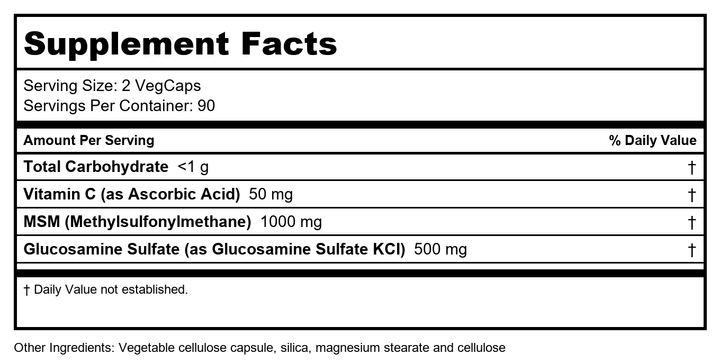 Solaray MSM and Glucosamine Capsules, 180 Count - Supplement Facts panel