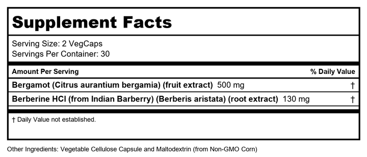 Solaray Bergamot Advanced Formula - Cardiovascular Support Fruit Extract - 60 Veg Capsules - Supplement Facts panel