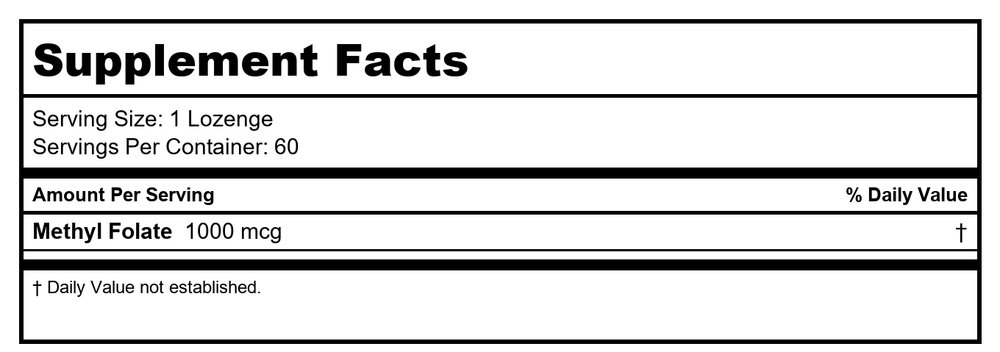 SOLARAY Methyl Folate w/No Sugar, Lozenge, Lemon (Btl-Plastic) 1000mcg | 60ct - Supplement Facts panel