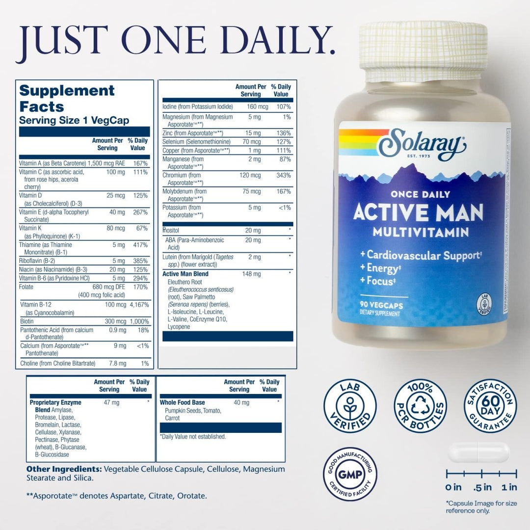 SOLARAY Once Daily Active Man Multivitamin &amp; Mineral, Multivitamin for Cardiovascular, Support, Energy &amp; Focus, Digestive Enzyme Blend, Amino Acids and Whole Food Base, 90 Servings, 90 VegCaps - Supplement Facts panel
