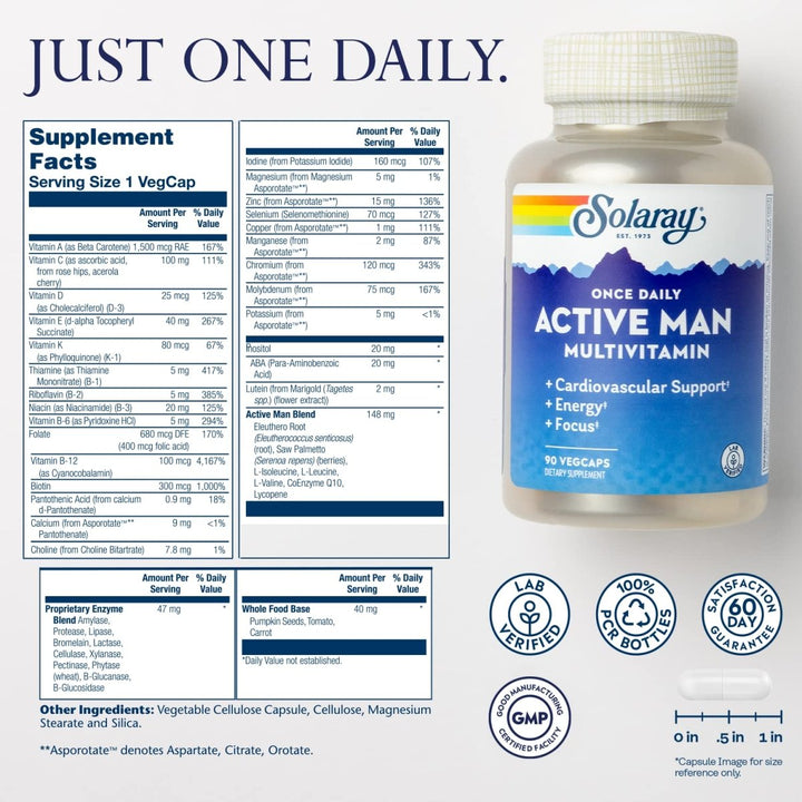 SOLARAY Once Daily Active Man Multivitamin &amp; Mineral, Multivitamin for Cardiovascular, Support, Energy &amp; Focus, Digestive Enzyme Blend, Amino Acids and Whole Food Base, 90 Servings, 90 VegCaps - Supplement Facts panel