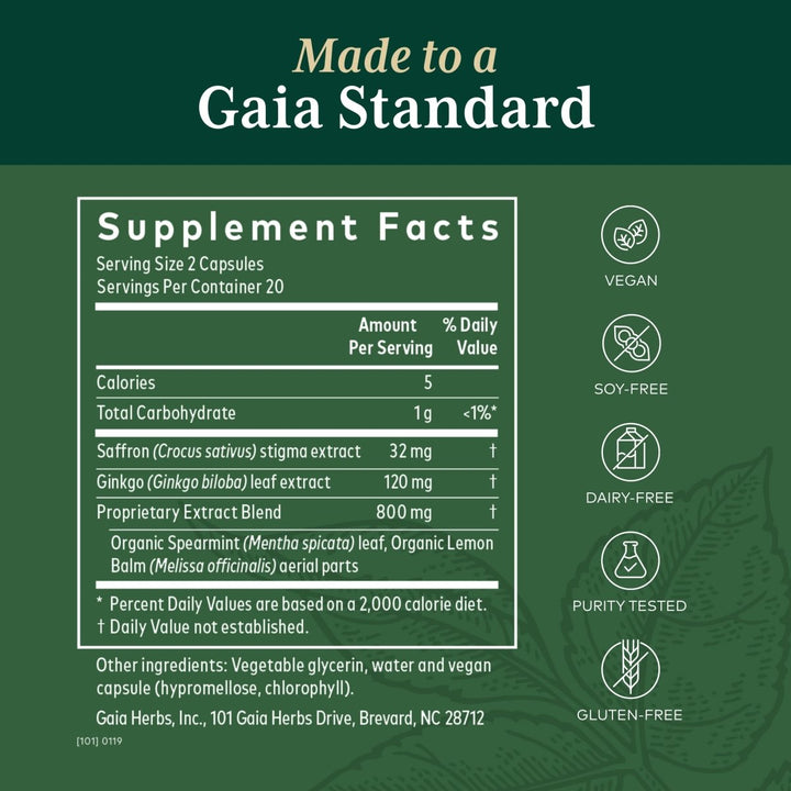 Gaia PRO Nootropic Focus - Supports Healthy Concentration - with Saffron Extract, Ginkgo Biloba, Organic Spearmint Extract &amp; Lemon Balm Extract - 40 Vegan Liquid Phyto-Capsules (20 Servings) - Supplement Facts panel
