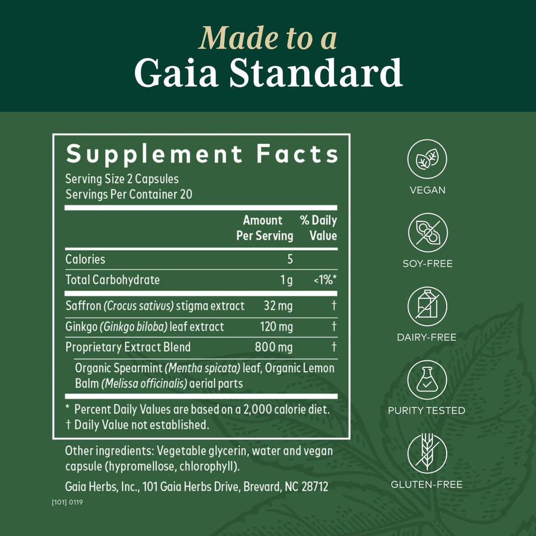 Gaia PRO Nootropic Focus - Supports Healthy Concentration - with Saffron Extract, Ginkgo Biloba, Organic Spearmint Extract &amp; Lemon Balm Extract - 40 Vegan Liquid Phyto-Capsules (20 Servings) - Supplement Facts panel