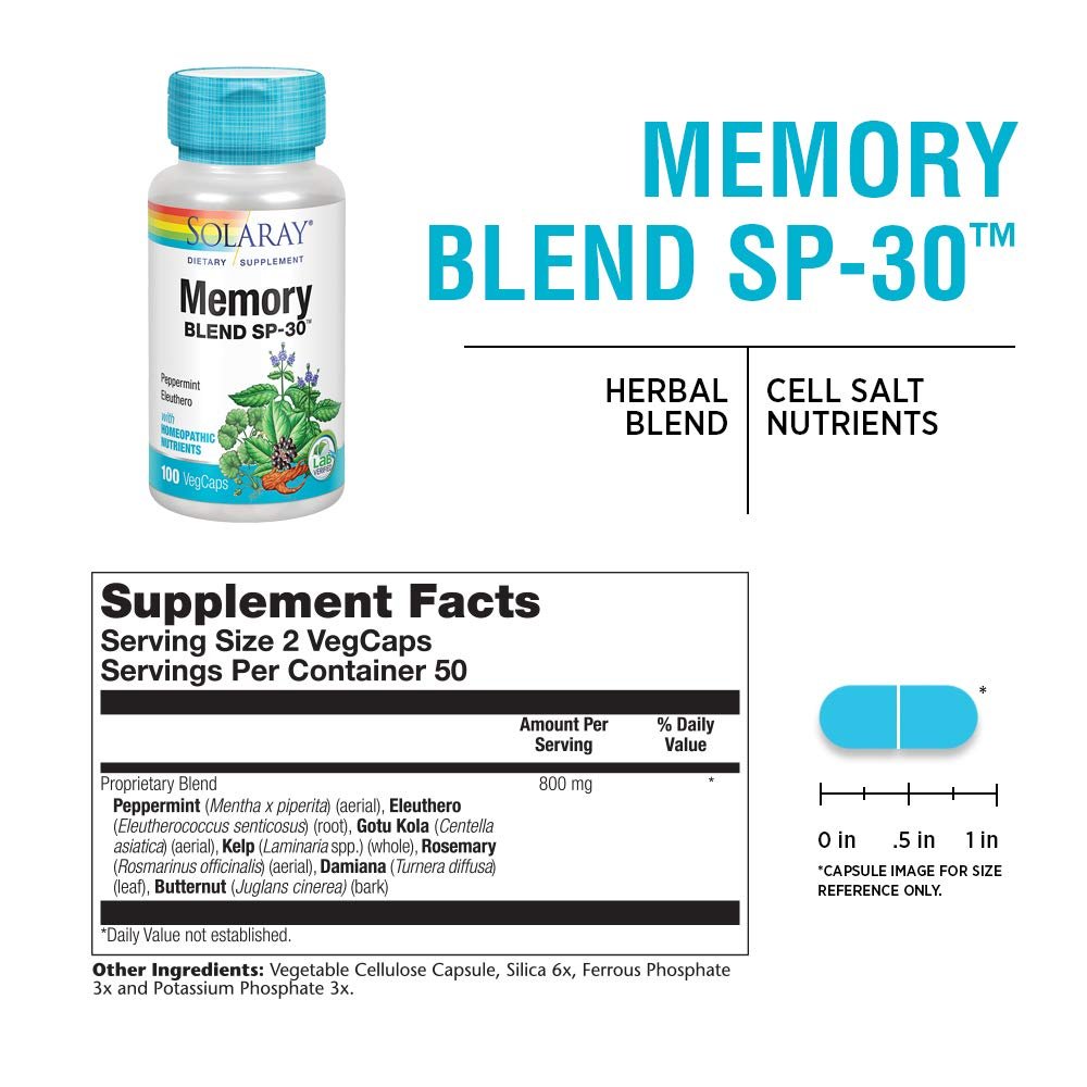 Solaray Memory Blend SP-30 | Herbal Blend w/Cell Salt Nutrients to Help Support Memory, Concentrate &amp; Focus | Non-GMO, Vegan | 50 Servings | 100 VegCaps - Supplement Facts panel
