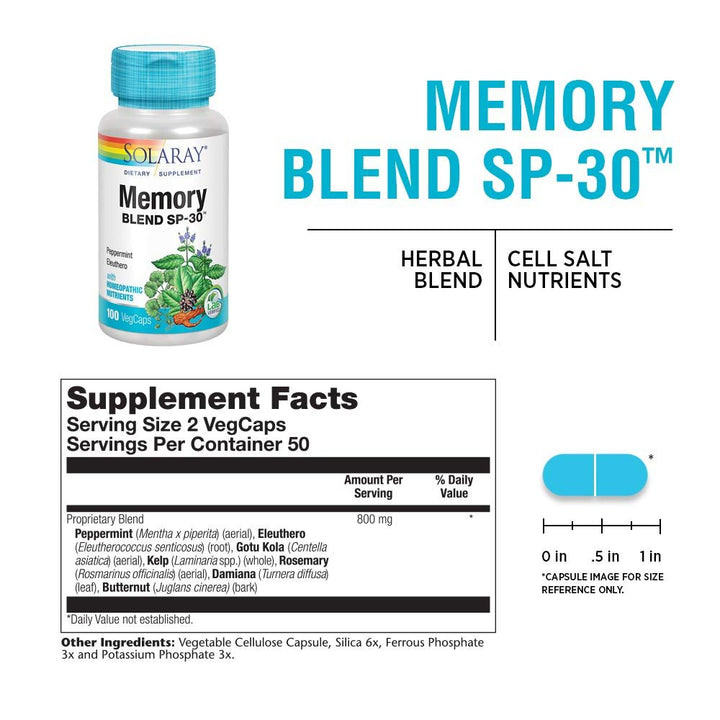 Solaray Memory Blend SP-30 | Herbal Blend w/Cell Salt Nutrients to Help Support Memory, Concentrate &amp; Focus | Non-GMO, Vegan | 50 Servings | 100 VegCaps - Supplement Facts panel