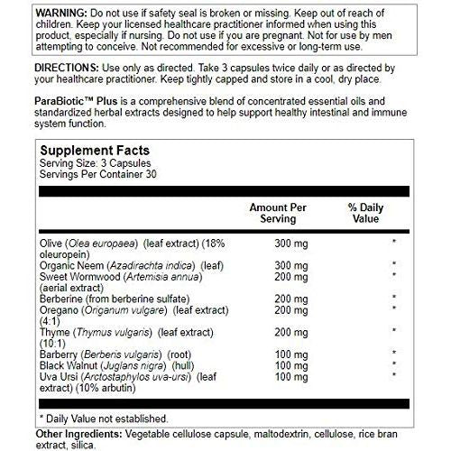 Nutra BioGenesis - ParaBiotic Plus - Organic Neem, Wormwood and Black Walnut for Intestinal Microbiome and Immune System Support - Gluten Free, Vegan, Non-GMO - 90 Capsules - Supplement Facts panel