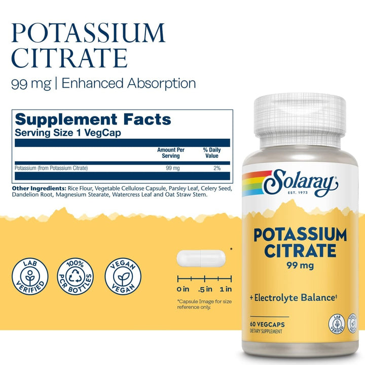 Solaray Potassium Citrate, Healthy Electrolyte Balance, Nerve &amp; Muscle Function Support, Vegan, 60 VegCaps - Supplement Facts panel