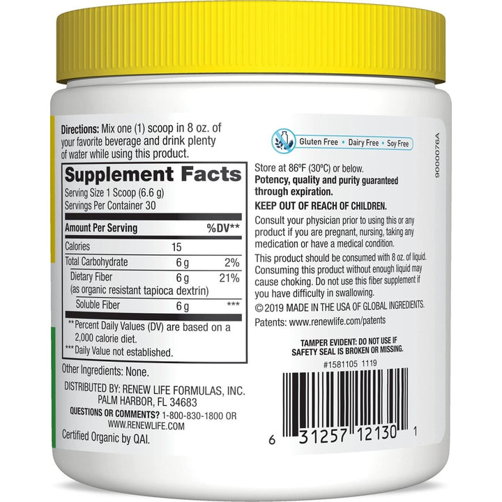 Renew Life Adult Completely Clear Organic Prebiotic Fiber - 7 oz | Keto-Friendly Fiber Powder Supplement - Supplement Facts panel