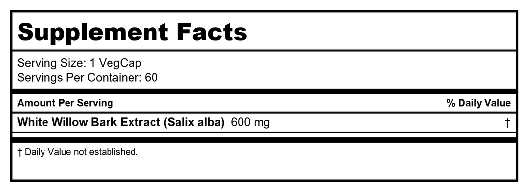 Solaray Guaranteed Potency White Willow Bark Extract - 750mg Veg Capsules (60 Count) - Supplement Facts panel