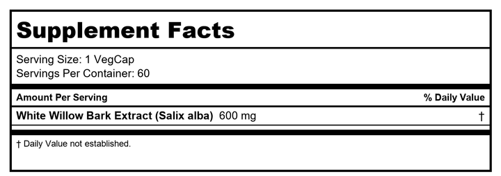 Solaray Guaranteed Potency White Willow Bark Extract - 750mg Veg Capsules (60 Count) - Supplement Facts panel