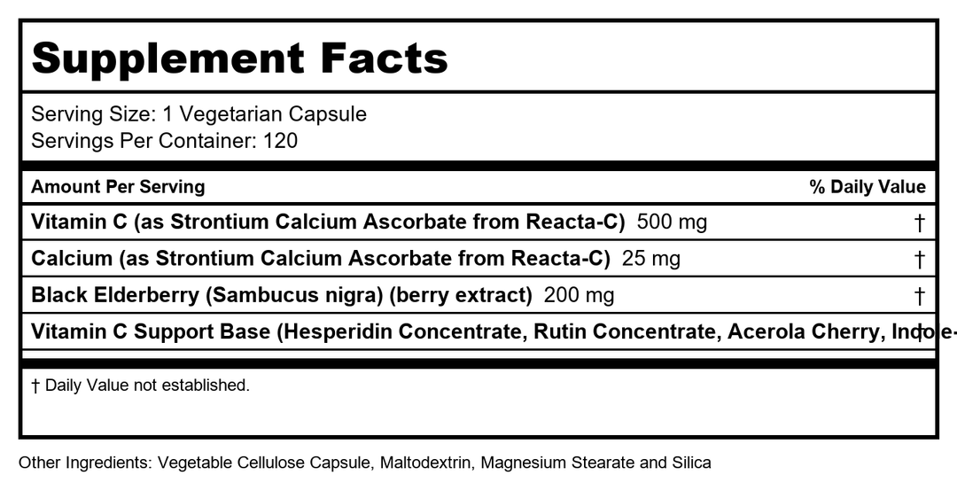 Reacta-C + Elderberry 500 mg Solaray 120 VCaps - Supplement Facts panel