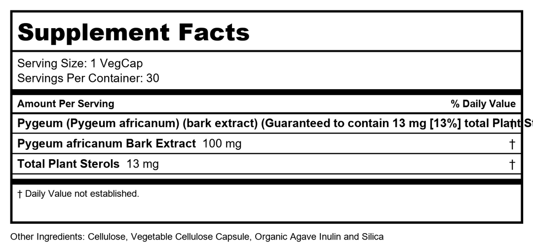 SOLARAY Pygeum Bark Extract, One Daily Pygeum 100mg, Pygeum Extract for Healthy Prostate Support, Guaranteed to Contain 13 mg Total Plant Sterols, Vegan, 60-Day Guarantee, 30 Servings, 30 VegCaps - Supplement Facts panel