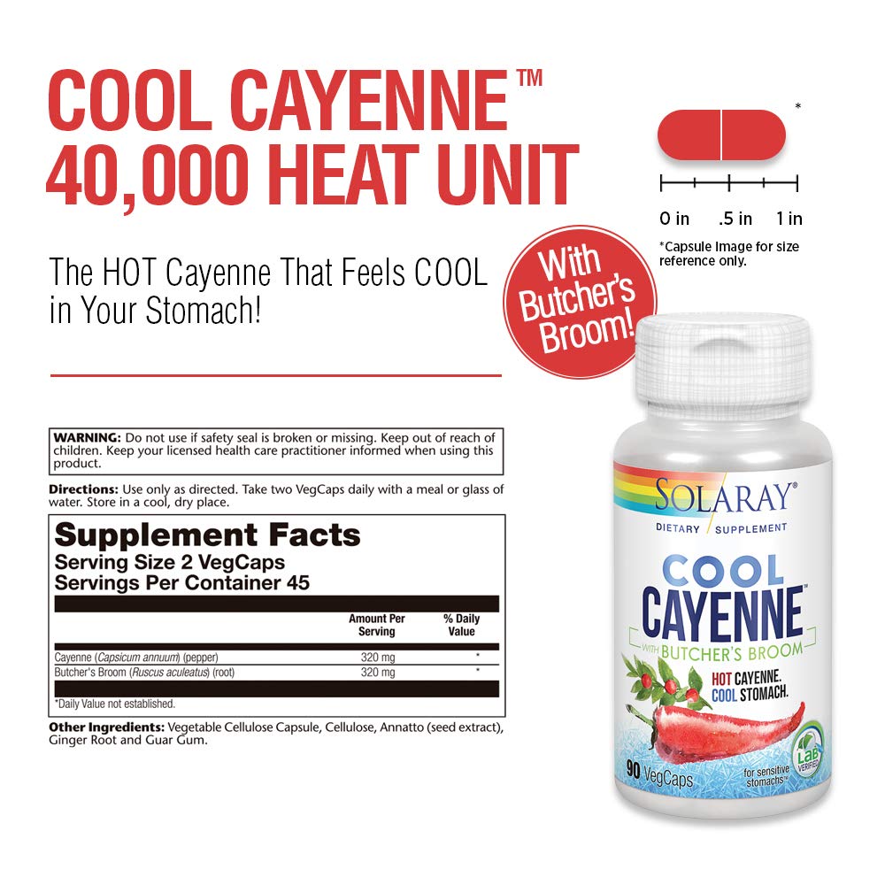 SOLARAY Cool Cayenne Pepper 40,000 HU with Butchers Broom for Healthy Circulation Support | 90 VegCaps - Supplement Facts panel