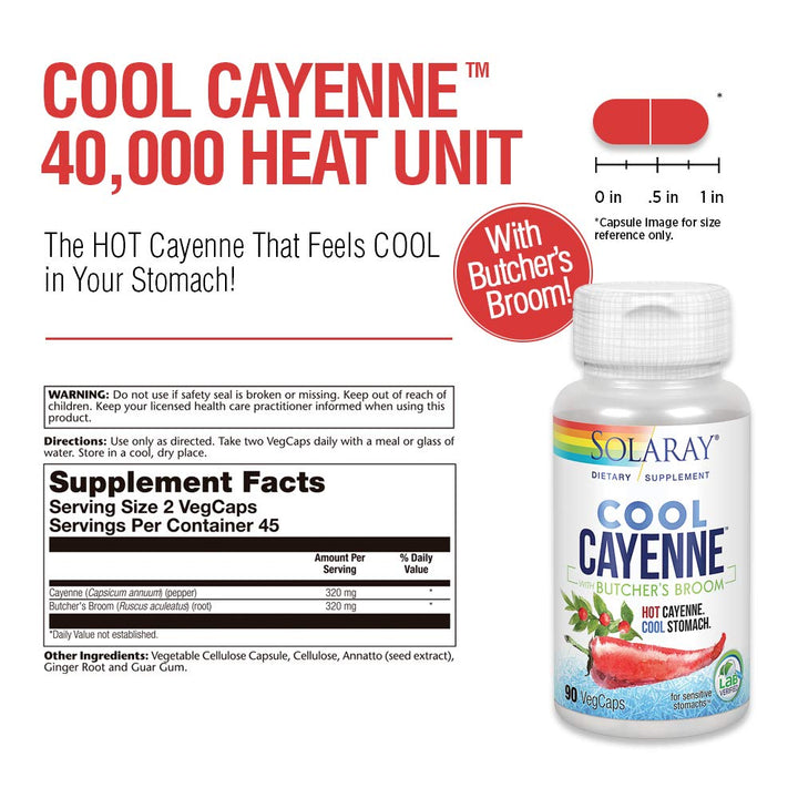 SOLARAY Cool Cayenne Pepper 40,000 HU with Butchers Broom for Healthy Circulation Support | 90 VegCaps - Supplement Facts panel