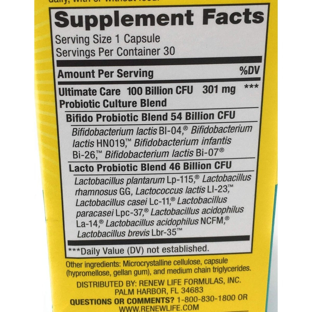 Renew Life, Ultimate Flora Care Probiotic 100 Billion, 30 Count - Supplement Facts panel