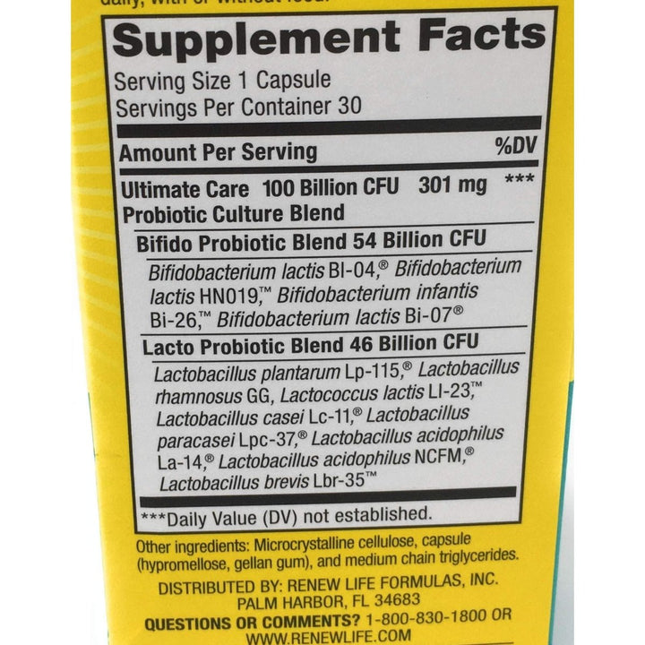 Renew Life, Ultimate Flora Care Probiotic 100 Billion, 30 Count - Supplement Facts panel
