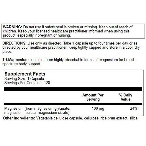 Nutra BioGenesis - Tri-Magnesium - Three Forms of Magnesium to Help Support Heart Health, Balanced Bone Density and Muscle Relaxation - 120 Capsules - Supplement Facts panel