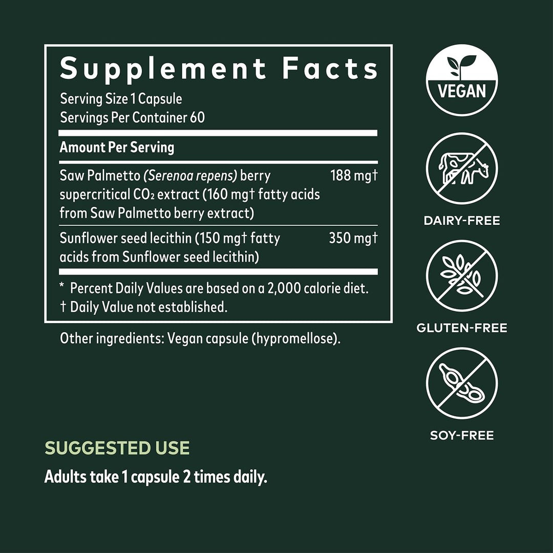 Gaia Herbs Saw Palmetto -60 Vegan Liquid Phyto-Capsules (30-Day Supply) - Supplement Facts panel