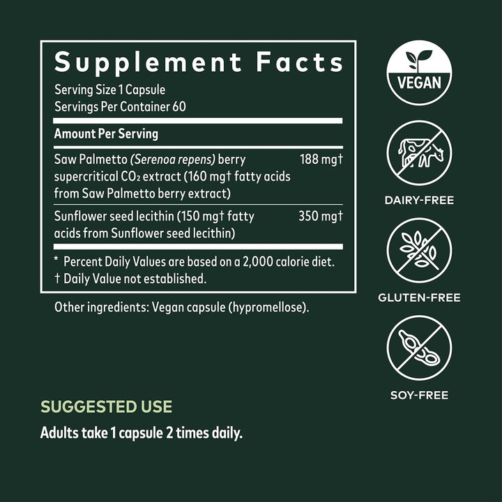 Gaia Herbs Saw Palmetto -60 Vegan Liquid Phyto-Capsules (30-Day Supply) - Supplement Facts panel