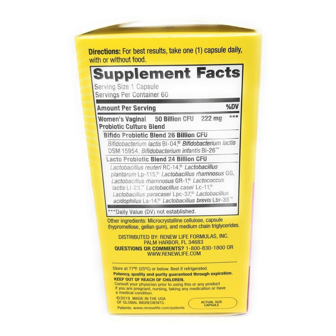 RENEW LIFE Ultimate Flora Vaginal Probiotic 50 Billion, 60 CT - Supplement Facts panel