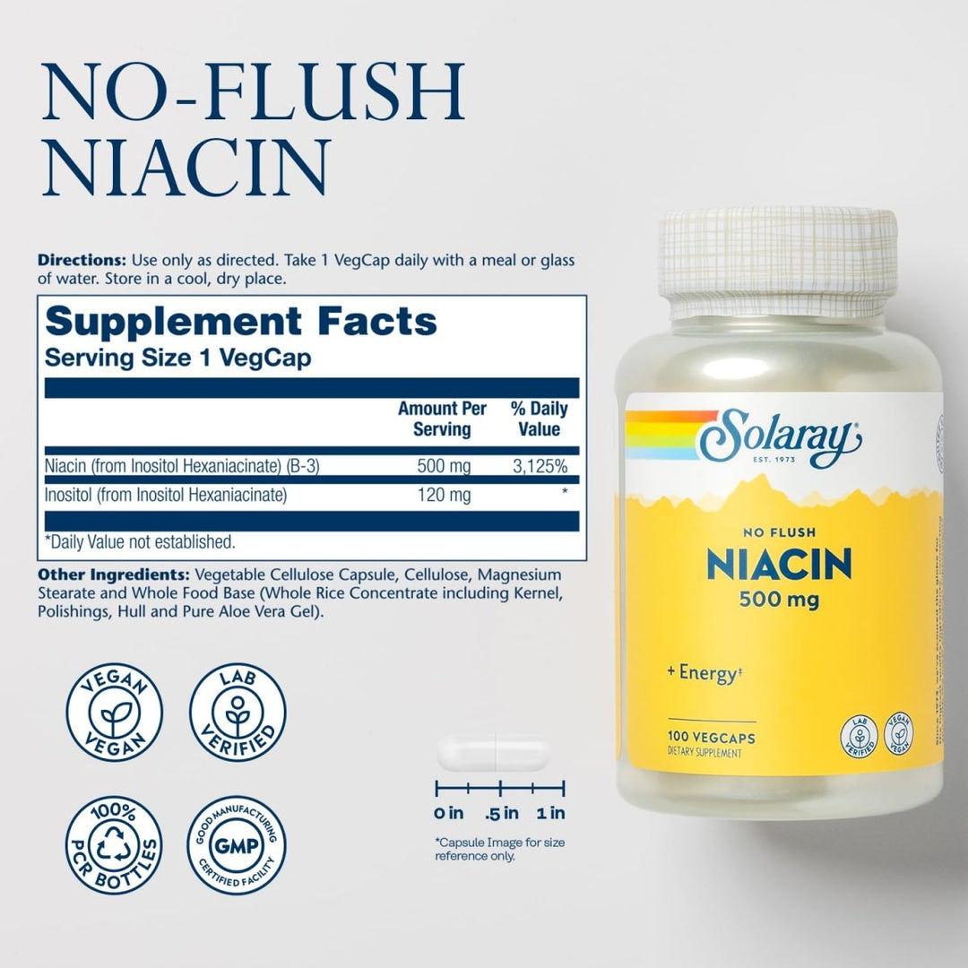 SOLARAY Title No Flush Niacin 500mg, Flush-Free Vitamin B3 Niacin, Energy and Circulatory System Support, Vegan, Lab Verified, 60-Day Money-Back Guarantee, 100 Servings, 100 VegCaps - Supplement Facts panel