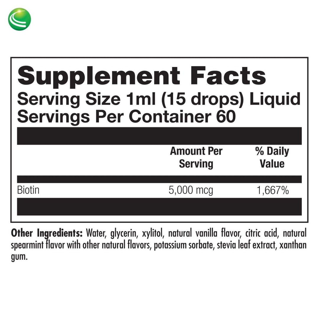 Nutra BioGenesis - Biotin 5000 - Liquid Vitamin B Biotin Drops for Skin, Hair, Adrenal and Immune Health- 2 Ounce - Supplement Facts panel