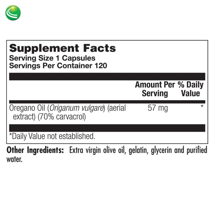 Nutra BioGenesis - Oregano Oil - Breathing and Digestive Support - 120 Capsules  10262 - Supplement Facts panel