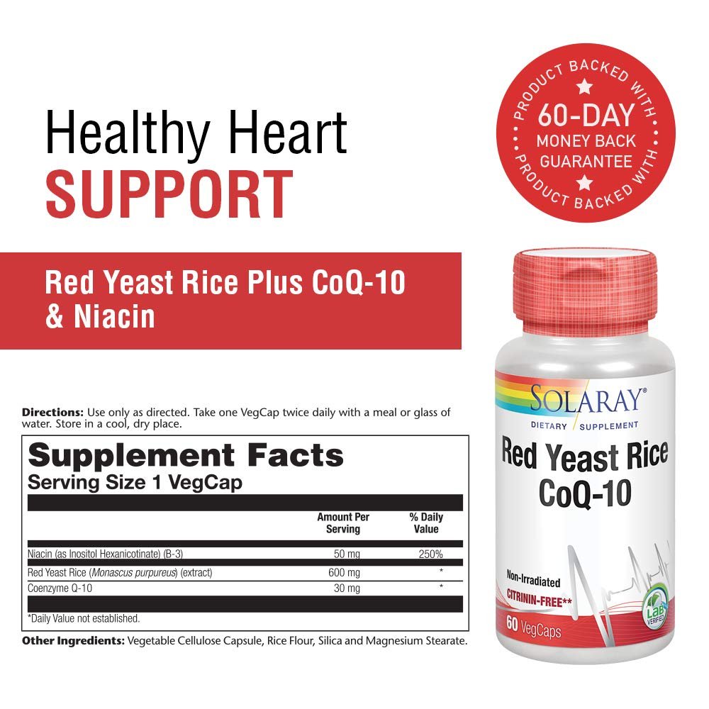 Solaray Red Yeast Rice Plus CoQ-10-60 Vegetarian Capsules - Supplement Facts panel