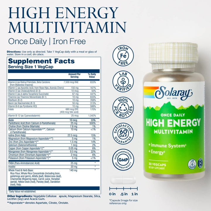 Solaray Once Daily High Energy Multivitamin - Iron Free - 30 VegCaps (30 Servings) - Supplement Facts panel