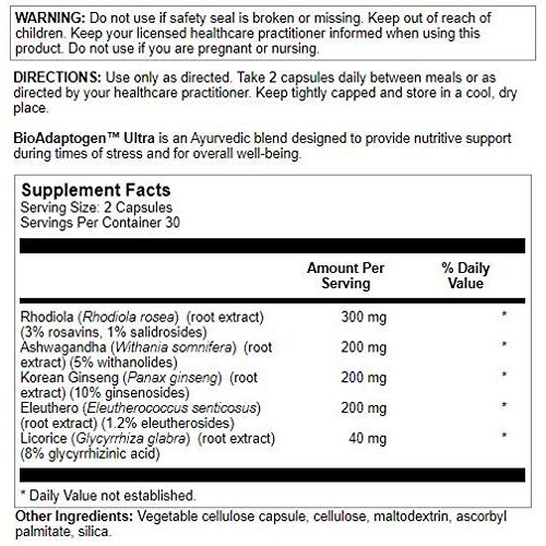 Nutra BioGenesis - BioAdaptogen Ultra - Ashwagandha, Rhodiola and Korean Ginseng to Help Support Stress Response and Neurotransmitter Health - 60 Capsules - Supplement Facts panel