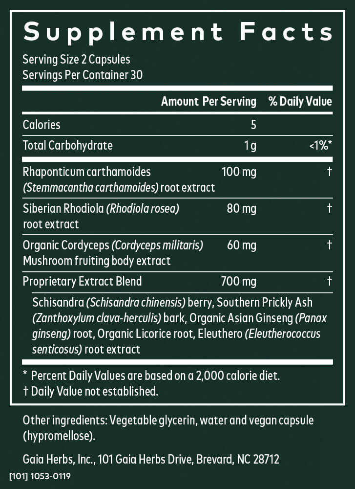 Gaia Herbs Jump Revive Start - Helps Sustain Healthy Energy and Stress Levels - with Cordyceps, Schisandra, Rhodiola, and Licorice - 60 Vegan Liquid Phyto-Capsules (30-Day Supply) - Supplement Facts panel