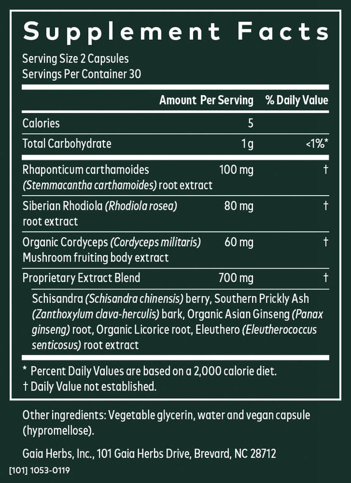 Gaia Herbs Jump Revive Start - Helps Sustain Healthy Energy and Stress Levels - with Cordyceps, Schisandra, Rhodiola, and Licorice - 60 Vegan Liquid Phyto-Capsules (30-Day Supply) - Supplement Facts panel
