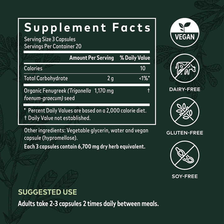 Gaia Herbs Fenugreek Seed - Helps Support Healthy Lactation and Breast Milk Production* - Made with Organic Fenugreek Seeds - 60 Vegan Liquid Phyto-Capsules (Up to 15-Day Supply) - Supplement Facts panel