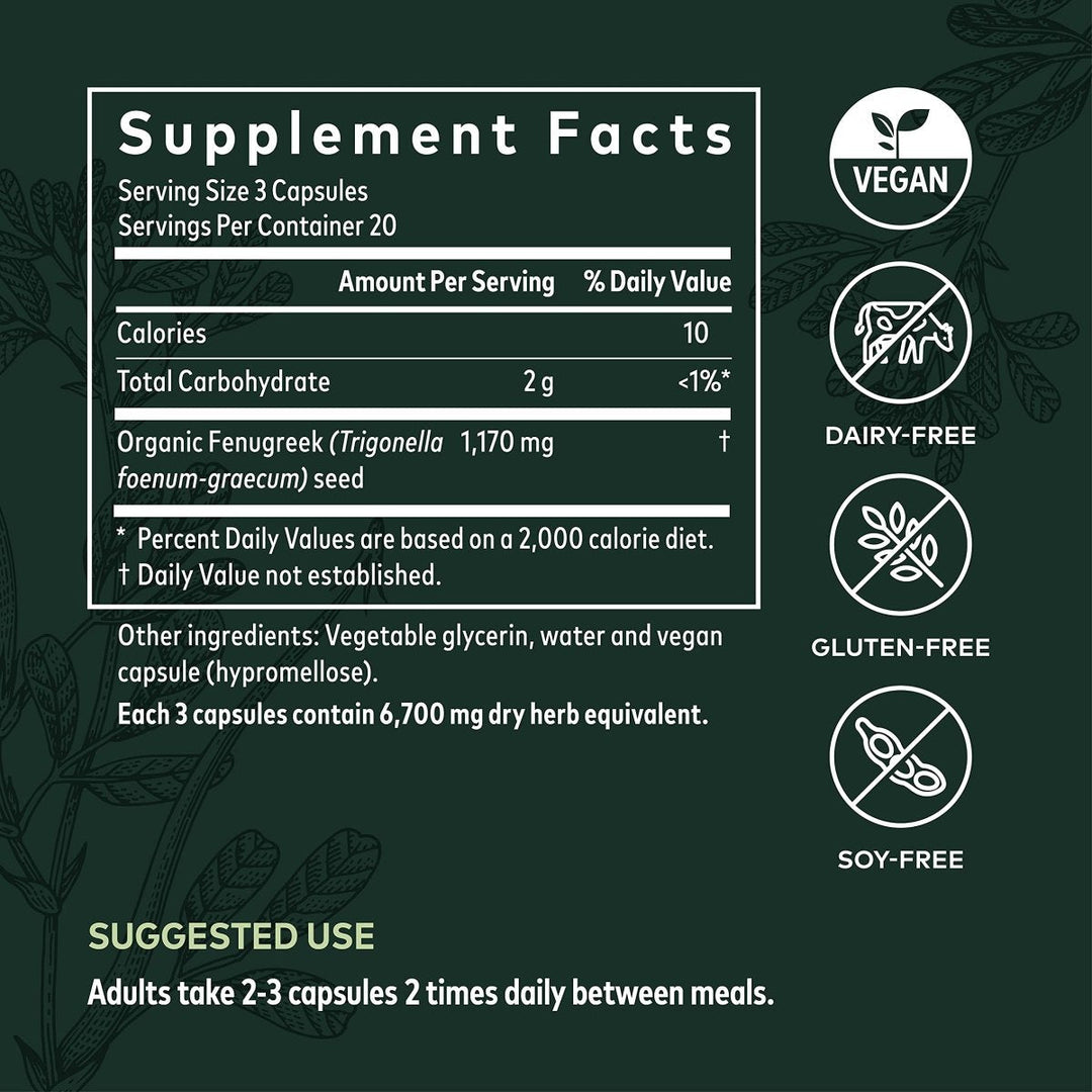 Gaia Herbs Fenugreek Seed - Helps Support Healthy Lactation and Breast Milk Production* - Made with Organic Fenugreek Seeds - 60 Vegan Liquid Phyto-Capsules (Up to 15-Day Supply) - Supplement Facts panel