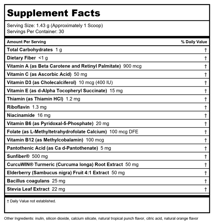 DAVINCI Little Mightiest Vite with Probiotics and Prebiotics - Supports Immune System, Gut Health and Healthy Brain* - with Vitamin C, A, D3, E, and More - Fruit Punch Flavor - 42 g, 30 Servings - Supplement Facts panel