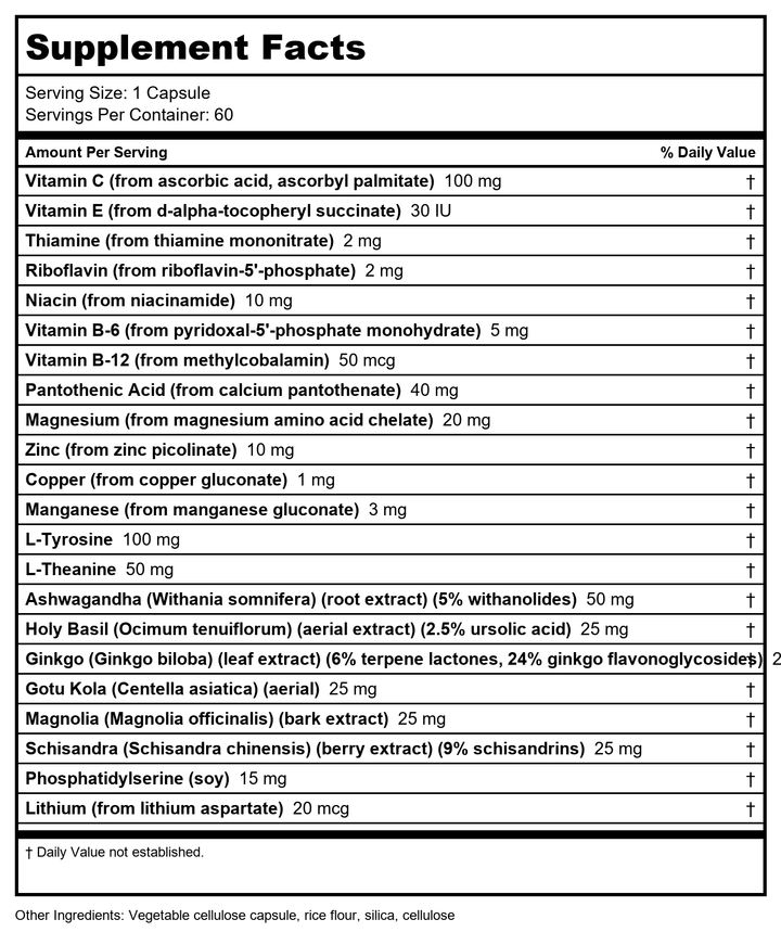 Nutra BioGenesis - AdrenoActive - - Gluten Free - 60 Capsules  40957 - Supplement Facts panel
