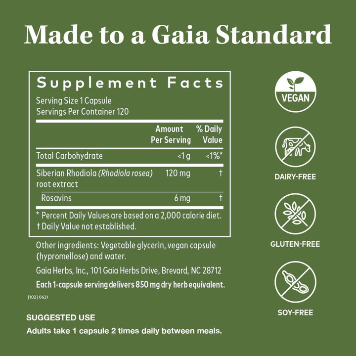 Gaia Herbs Rhodiola Rosea -  120 Vegan Liquid Phyto-Capsules (60-Day Supply) - Supplement Facts panel