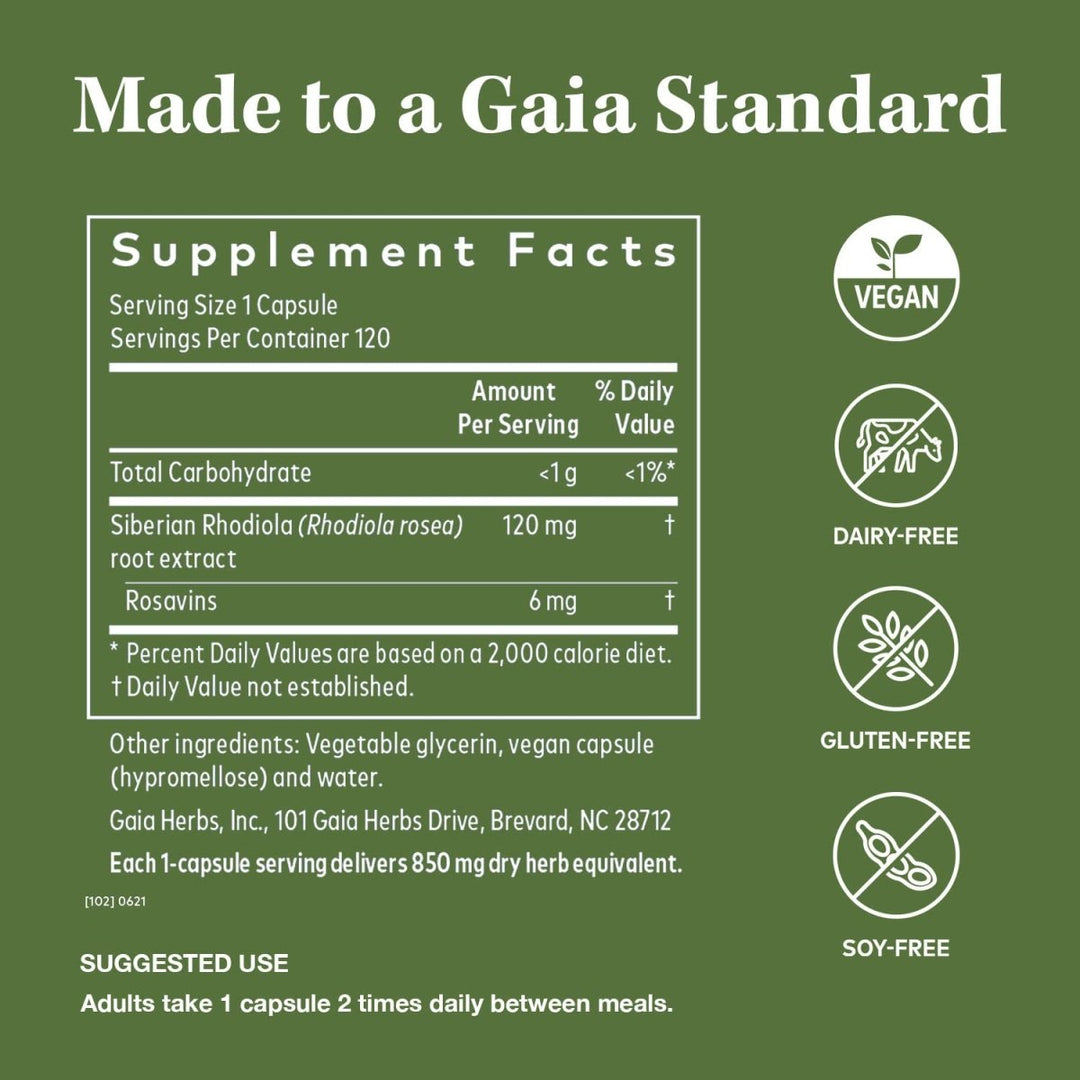 Gaia Herbs Rhodiola Rosea -  120 Vegan Liquid Phyto-Capsules (60-Day Supply) - Supplement Facts panel