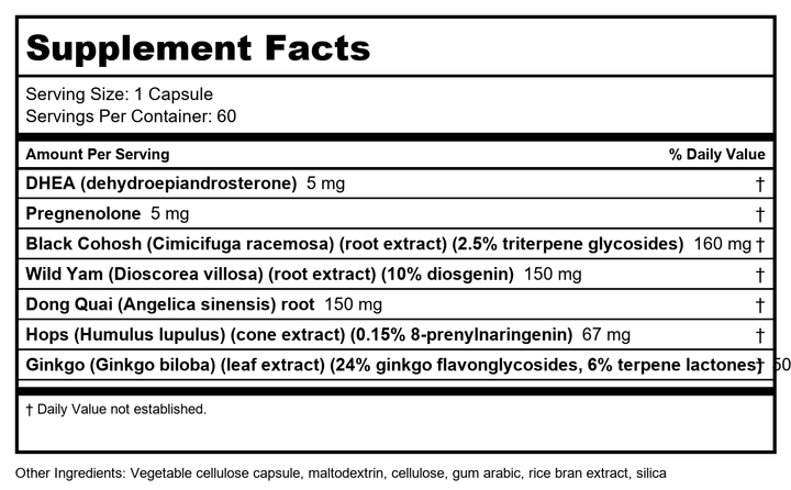 Nutra BioGenesis - BioFem Transition - DHEA, Pregnenolone, Wild Yam, and Dong Quai for Menopause Support - Gluten Free, Vegan, Non-GMO - 60 Capsules - Supplement Facts panel
